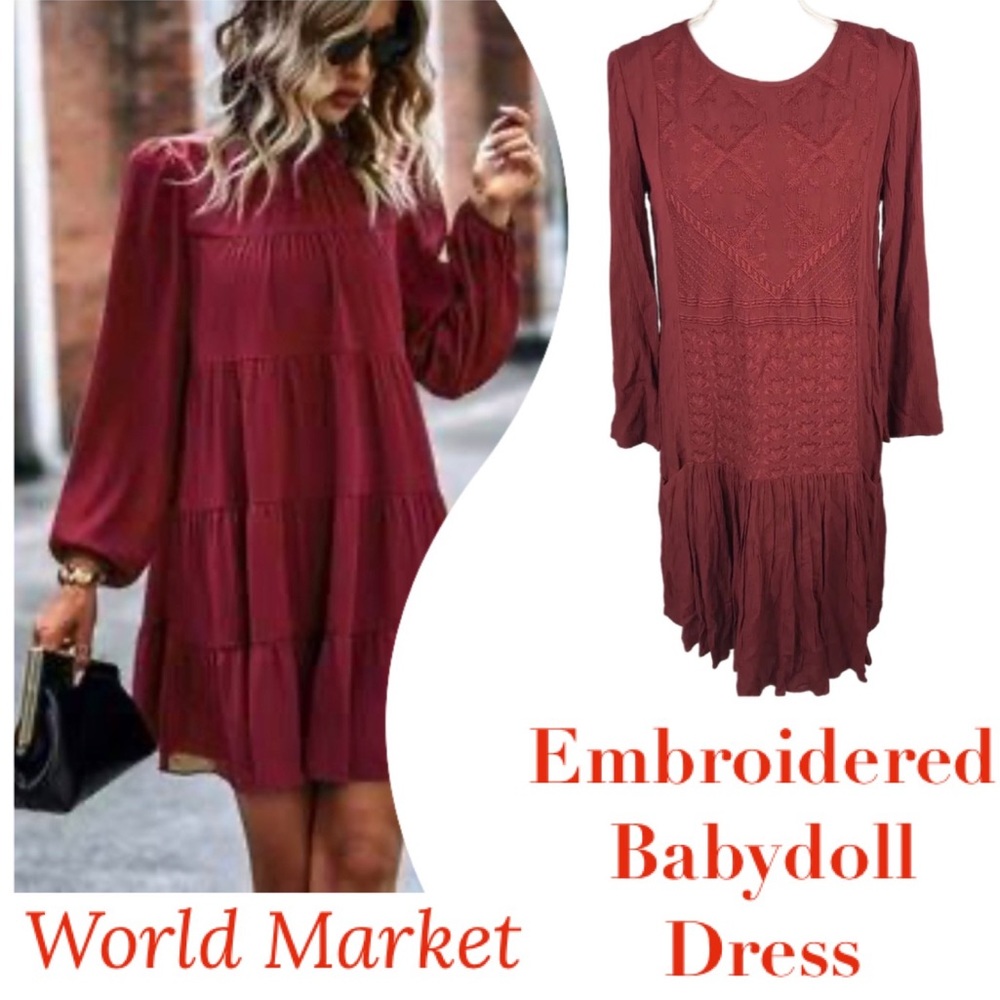 Babydoll Shift Smock Dress Embroidered Flowy Swing Boho Floral Size Large XLarge